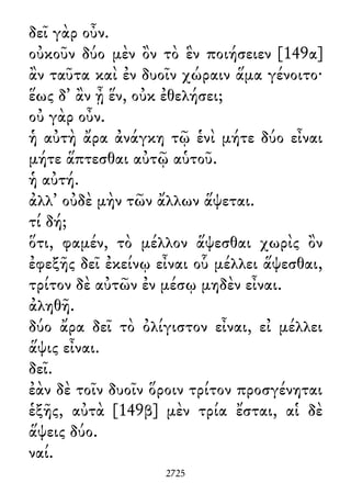 δεῖ γὰρ οὖν.
οὐκοῦν δύο μὲν ὂν τὸ ἓν ποιήσειεν [149α]
ἂν ταῦτα καὶ ἐν δυοῖν χώραιν ἅμα γένοιτο·
ἕως δ᾽ ἂν ᾖ ἕν, οὐκ ἐθελήσει;
οὐ γὰρ οὖν.
ἡ αὐτὴ ἄρα ἀνάγκη τῷ ἑνὶ μήτε δύο εἶναι
μήτε ἅπτεσθαι αὐτῷ αὑτοῦ.
ἡ αὐτή.
ἀλλ᾽ οὐδὲ μὴν τῶν ἄλλων ἅψεται.
τί δή;
ὅτι, φαμέν, τὸ μέλλον ἅψεσθαι χωρὶς ὂν
ἐφεξῆς δεῖ ἐκείνῳ εἶναι οὗ μέλλει ἅψεσθαι,
τρίτον δὲ αὐτῶν ἐν μέσῳ μηδὲν εἶναι.
ἀληθῆ.
δύο ἄρα δεῖ τὸ ὀλίγιστον εἶναι, εἰ μέλλει
ἅψις εἶναι.
δεῖ.
ἐὰν δὲ τοῖν δυοῖν ὅροιν τρίτον προσγένηται
ἑξῆς, αὐτὰ [149β] μὲν τρία ἔσται, αἱ δὲ
ἅψεις δύο.
ναί.
2725
 