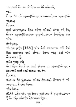 του καὶ ἔστιν· ἐγίγνετο δὲ αὑτοῦ;
ναί.
ἔστι δὲ τὸ πρεσβύτερον νεωτέρου πρεσβύ-
τερον;
ἔστιν.
καὶ νεώτερον ἄρα τότε αὑτοῦ ἐστι τὸ ἕν,
ὅταν πρεσβύτερον γιγνόμενον ἐντύχῃ τῷ
νῦν.
ἀνάγκη.
τό γε μὴν [152ε] νῦν ἀεὶ πάρεστι τῷ ἑνὶ
διὰ παντὸς τοῦ εἶναι· ἔστι γὰρ ἀεὶ νῦν
ὅτανπερ ᾖ.
πῶς γὰρ οὔ;
ἀεὶ ἄρα ἐστί τε καὶ γίγνεται πρεσβύτερον
ἑαυτοῦ καὶ νεώτερον τὸ ἕν.
ἔοικεν.
πλείω δὲ χρόνον αὐτὸ ἑαυτοῦ ἔστιν ἢ γί-
γνεται, ἢ τὸν ἴσον;
τὸν ἴσον.
ἀλλὰ μὴν τόν γε ἴσον χρόνον ἢ γιγνόμενον
ἢ ὂν τὴν αὐτὴν ἡλικίαν ἔχει.
2738
 
