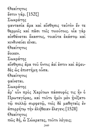 Θεαίτητος
ἔστιν γάρ. [152ξ]
Σωκράτης
φαντασία ἄρα καὶ αἴσθησις ταὐτὸν ἔν τε
θερμοῖς καὶ πᾶσι τοῖς τοιούτοις. οἷα γὰρ
αἰσθάνεται ἕκαστος, τοιαῦτα ἑκάστῳ καὶ
κινδυνεύει εἶναι.
Θεαίτητος
ἔοικεν.
Σωκράτης
αἴσθησις ἄρα τοῦ ὄντος ἀεί ἐστιν καὶ ἀψευ-
δὲς ὡς ἐπιστήμη οὖσα.
Θεαίτητος
φαίνεται.
Σωκράτης
ἆρ᾽ οὖν πρὸς Χαρίτων πάσσοφός τις ἦν ὁ
Πρωταγόρας, καὶ τοῦτο ἡμῖν μὲν ᾐνίξατο
τῷ πολλῷ συρφετῷ, τοῖς δὲ μαθηταῖς ἐν
ἀπορρήτῳ τὴν ἀλήθειαν ἔλεγεν; [152δ]
Θεαίτητος
πῶς δή, ὦ Σώκρατες, τοῦτο λέγεις;
2449
 