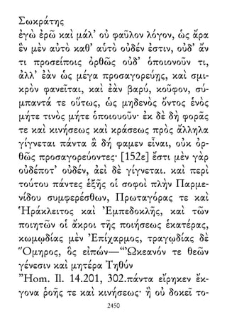 Σωκράτης
ἐγὼ ἐρῶ καὶ μάλ᾽ οὐ φαῦλον λόγον, ὡς ἄρα
ἓν μὲν αὐτὸ καθ᾽ αὑτὸ οὐδέν ἐστιν, οὐδ᾽ ἄν
τι προσείποις ὀρθῶς οὐδ᾽ ὁποιονοῦν τι,
ἀλλ᾽ ἐὰν ὡς μέγα προσαγορεύῃς, καὶ σμι-
κρὸν φανεῖται, καὶ ἐὰν βαρύ, κοῦφον, σύ-
μπαντά τε οὕτως, ὡς μηδενὸς ὄντος ἑνὸς
μήτε τινὸς μήτε ὁποιουοῦν· ἐκ δὲ δὴ φορᾶς
τε καὶ κινήσεως καὶ κράσεως πρὸς ἄλληλα
γίγνεται πάντα ἃ δή φαμεν εἶναι, οὐκ ὀρ-
θῶς προσαγορεύοντες· [152ε] ἔστι μὲν γὰρ
οὐδέποτ᾽ οὐδέν, ἀεὶ δὲ γίγνεται. καὶ περὶ
τούτου πάντες ἑξῆς οἱ σοφοὶ πλὴν Παρμε-
νίδου συμφερέσθων, Πρωταγόρας τε καὶ
Ἡράκλειτος καὶ Ἐμπεδοκλῆς, καὶ τῶν
ποιητῶν οἱ ἄκροι τῆς ποιήσεως ἑκατέρας,
κωμῳδίας μὲν Ἐπίχαρμος, τραγῳδίας δὲ
Ὅμηρος, ὃς εἰπών—“Ὠκεανόν τε θεῶν
γένεσιν καὶ μητέρα Τηθύν
”Hom. Il. 14.201, 302.πάντα εἴρηκεν ἔκ-
γονα ῥοῆς τε καὶ κινήσεως· ἢ οὐ δοκεῖ το-
2450
 