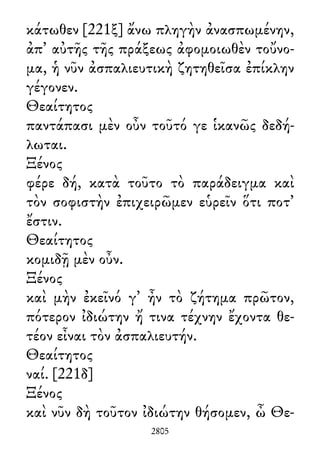 κάτωθεν [221ξ] ἄνω πληγὴν ἀνασπωμένην,
ἀπ᾽ αὐτῆς τῆς πράξεως ἀφομοιωθὲν τοὔνο-
μα, ἡ νῦν ἀσπαλιευτικὴ ζητηθεῖσα ἐπίκλην
γέγονεν.
Θεαίτητος
παντάπασι μὲν οὖν τοῦτό γε ἱκανῶς δεδή-
λωται.
Ξένος
φέρε δή, κατὰ τοῦτο τὸ παράδειγμα καὶ
τὸν σοφιστὴν ἐπιχειρῶμεν εὑρεῖν ὅτι ποτ᾽
ἔστιν.
Θεαίτητος
κομιδῇ μὲν οὖν.
Ξένος
καὶ μὴν ἐκεῖνό γ᾽ ἦν τὸ ζήτημα πρῶτον,
πότερον ἰδιώτην ἤ τινα τέχνην ἔχοντα θε-
τέον εἶναι τὸν ἀσπαλιευτήν.
Θεαίτητος
ναί. [221δ]
Ξένος
καὶ νῦν δὴ τοῦτον ἰδιώτην θήσομεν, ὦ Θε-
2805
 