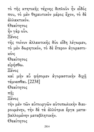 τὸ τῆς κτητικῆς τέχνης διπλοῦν ἦν εἶδός
που, τὸ μὲν θηρευτικὸν μέρος ἔχον, τὸ δὲ
ἀλλακτικόν.
Θεαίτητος
ἦν γὰρ οὖν.
Ξένος
τῆς τοίνυν ἀλλακτικῆς δύο εἴδη λέγωμεν,
τὸ μὲν δωρητικόν, τὸ δὲ ἕτερον ἀγοραστι-
κόν;
Θεαίτητος
εἰρήσθω.
Ξένος
καὶ μὴν αὖ φήσομεν ἀγοραστικὴν διχῇ
τέμνεσθαι. [223δ]
Θεαίτητος
πῇ;
Ξένος
τὴν μὲν τῶν αὐτουργῶν αὐτοπωλικὴν διαι-
ρουμένην, τὴν δὲ τὰ ἀλλότρια ἔργα μετα-
βαλλομένην μεταβλητικήν.
Θεαίτητος
2814
 