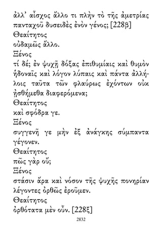 ἀλλ᾽ αἶσχος ἄλλο τι πλὴν τὸ τῆς ἀμετρίας
πανταχοῦ δυσειδὲς ἐνὸν γένος; [228β]
Θεαίτητος
οὐδαμῶς ἄλλο.
Ξένος
τί δέ; ἐν ψυχῇ δόξας ἐπιθυμίαις καὶ θυμὸν
ἡδοναῖς καὶ λόγον λύπαις καὶ πάντα ἀλλή-
λοις ταῦτα τῶν φλαύρως ἐχόντων οὐκ
ᾐσθήμεθα διαφερόμενα;
Θεαίτητος
καὶ σφόδρα γε.
Ξένος
συγγενῆ γε μὴν ἐξ ἀνάγκης σύμπαντα
γέγονεν.
Θεαίτητος
πῶς γὰρ οὔ;
Ξένος
στάσιν ἄρα καὶ νόσον τῆς ψυχῆς πονηρίαν
λέγοντες ὀρθῶς ἐροῦμεν.
Θεαίτητος
ὀρθότατα μὲν οὖν. [228ξ]
2832
 