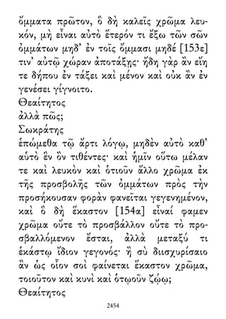 ὄμματα πρῶτον, ὃ δὴ καλεῖς χρῶμα λευ-
κόν, μὴ εἶναι αὐτὸ ἕτερόν τι ἔξω τῶν σῶν
ὀμμάτων μηδ᾽ ἐν τοῖς ὄμμασι μηδέ [153ε]
τιν᾽ αὐτῷ χώραν ἀποτάξῃς· ἤδη γὰρ ἂν εἴη
τε δήπου ἐν τάξει καὶ μένον καὶ οὐκ ἂν ἐν
γενέσει γίγνοιτο.
Θεαίτητος
ἀλλὰ πῶς;
Σωκράτης
ἑπώμεθα τῷ ἄρτι λόγῳ, μηδὲν αὐτὸ καθ᾽
αὑτὸ ἓν ὂν τιθέντες· καὶ ἡμῖν οὕτω μέλαν
τε καὶ λευκὸν καὶ ὁτιοῦν ἄλλο χρῶμα ἐκ
τῆς προσβολῆς τῶν ὀμμάτων πρὸς τὴν
προσήκουσαν φορὰν φανεῖται γεγενημένον,
καὶ ὃ δὴ ἕκαστον [154α] εἶναί φαμεν
χρῶμα οὔτε τὸ προσβάλλον οὔτε τὸ προ-
σβαλλόμενον ἔσται, ἀλλὰ μεταξύ τι
ἑκάστῳ ἴδιον γεγονός· ἢ σὺ διισχυρίσαιο
ἂν ὡς οἷον σοὶ φαίνεται ἕκαστον χρῶμα,
τοιοῦτον καὶ κυνὶ καὶ ὁτῳοῦν ζῴῳ;
Θεαίτητος
2454
 