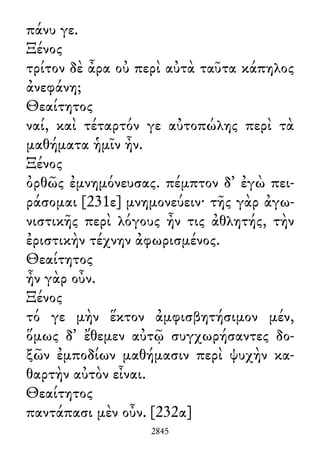 πάνυ γε.
Ξένος
τρίτον δὲ ἆρα οὐ περὶ αὐτὰ ταῦτα κάπηλος
ἀνεφάνη;
Θεαίτητος
ναί, καὶ τέταρτόν γε αὐτοπώλης περὶ τὰ
μαθήματα ἡμῖν ἦν.
Ξένος
ὀρθῶς ἐμνημόνευσας. πέμπτον δ᾽ ἐγὼ πει-
ράσομαι [231ε] μνημονεύειν· τῆς γὰρ ἀγω-
νιστικῆς περὶ λόγους ἦν τις ἀθλητής, τὴν
ἐριστικὴν τέχνην ἀφωρισμένος.
Θεαίτητος
ἦν γὰρ οὖν.
Ξένος
τό γε μὴν ἕκτον ἀμφισβητήσιμον μέν,
ὅμως δ᾽ ἔθεμεν αὐτῷ συγχωρήσαντες δο-
ξῶν ἐμποδίων μαθήμασιν περὶ ψυχὴν κα-
θαρτὴν αὐτὸν εἶναι.
Θεαίτητος
παντάπασι μὲν οὖν. [232α]
2845
 