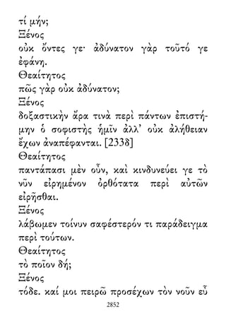 τί μήν;
Ξένος
οὐκ ὄντες γε· ἀδύνατον γὰρ τοῦτό γε
ἐφάνη.
Θεαίτητος
πῶς γὰρ οὐκ ἀδύνατον;
Ξένος
δοξαστικὴν ἄρα τινὰ περὶ πάντων ἐπιστή-
μην ὁ σοφιστὴς ἡμῖν ἀλλ᾽ οὐκ ἀλήθειαν
ἔχων ἀναπέφανται. [233δ]
Θεαίτητος
παντάπασι μὲν οὖν, καὶ κινδυνεύει γε τὸ
νῦν εἰρημένον ὀρθότατα περὶ αὐτῶν
εἰρῆσθαι.
Ξένος
λάβωμεν τοίνυν σαφέστερόν τι παράδειγμα
περὶ τούτων.
Θεαίτητος
τὸ ποῖον δή;
Ξένος
τόδε. καί μοι πειρῶ προσέχων τὸν νοῦν εὖ
2852
 