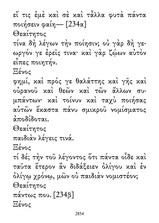 εἴ τις ἐμὲ καὶ σὲ καὶ τἆλλα φυτὰ πάντα
ποιήσειν φαίη— [234α]
Θεαίτητος
τίνα δὴ λέγων τὴν ποίησιν; οὐ γὰρ δὴ γε-
ωργόν γε ἐρεῖς τινα· καὶ γὰρ ζῴων αὐτὸν
εἶπες ποιητήν.
Ξένος
φημί, καὶ πρός γε θαλάττης καὶ γῆς καὶ
οὐρανοῦ καὶ θεῶν καὶ τῶν ἄλλων συ-
μπάντων· καὶ τοίνυν καὶ ταχὺ ποιήσας
αὐτῶν ἕκαστα πάνυ σμικροῦ νομίσματος
ἀποδίδοται.
Θεαίτητος
παιδιὰν λέγεις τινά.
Ξένος
τί δέ; τὴν τοῦ λέγοντος ὅτι πάντα οἶδε καὶ
ταῦτα ἕτερον ἂν διδάξειεν ὀλίγου καὶ ἐν
ὀλίγῳ χρόνῳ, μῶν οὐ παιδιὰν νομιστέον;
Θεαίτητος
πάντως που. [234β]
Ξένος
2854
 