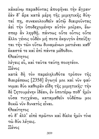 κἀκείνῳ παραδόντας ἀποφῆναι τὴν ἄγραν·
ἐὰν δ᾽ ἄρα κατὰ μέρη τῆς μιμητικῆς δύη-
ταί πῃ, συνακολουθεῖν αὐτῷ διαιροῦντας
ἀεὶ τὴν ὑποδεχομένην αὐτὸν μοῖραν, ἕω-
σπερ ἂν ληφθῇ. πάντως οὔτε οὗτος οὔτε
ἄλλο γένος οὐδὲν μή ποτε ἐκφυγὸν ἐπεύξη-
ται τὴν τῶν οὕτω δυναμένων μετιέναι καθ᾽
ἕκαστά τε καὶ ἐπὶ πάντα μέθοδον.
Θεαίτητος
λέγεις εὖ, καὶ ταῦτα ταύτῃ ποιητέον.
Ξένος
κατὰ δὴ τὸν παρεληλυθότα τρόπον τῆς
διαιρέσεως [235δ] ἔγωγέ μοι καὶ νῦν φαί-
νομαι δύο καθορᾶν εἴδη τῆς μιμητικῆς· τὴν
δὲ ζητουμένην ἰδέαν, ἐν ὁποτέρῳ ποθ᾽ ἡμῖν
οὖσα τυγχάνει, καταμαθεῖν οὐδέπω μοι
δοκῶ νῦν δυνατὸς εἶναι.
Θεαίτητος
σὺ δ᾽ ἀλλ᾽ εἰπὲ πρῶτον καὶ δίελε ἡμῖν τίνε
τὼ δύο λέγεις.
Ξένος
2859
 