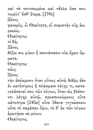 καὶ τὰ τετυπωμένα καὶ τἆλλα ὅσα που
τοιαῦτ᾽ ἔσθ᾽ ἕτερα. [239ε]
Ξένος
φανερός, ὦ Θεαίτητε, εἶ σοφιστὴν οὐχ ἑω-
ρακώς.
Θεαίτητος
τί δή;
Ξένος
δόξει σοι μύειν ἢ παντάπασιν οὐκ ἔχειν ὄμ-
ματα.
Θεαίτητος
πῶς;
Ξένος
τὴν ἀπόκρισιν ὅταν οὕτως αὐτῷ διδῷς ἐὰν
ἐν κατόπτροις ἢ πλάσμασι λέγῃς τι, κατα-
γελάσεταί σου τῶν λόγων, ὅταν ὡς βλέπο-
ντι λέγῃς αὐτῷ, προσποιούμενος οὔτε
κάτοπτρα [240α] οὔτε ὕδατα γιγνώσκειν
οὔτε τὸ παράπαν ὄψιν, τὸ δ᾽ ἐκ τῶν λόγων
ἐρωτήσει σε μόνον.
Θεαίτητος
2875
 
