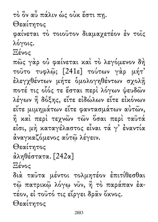 τὸ ὂν αὖ πάλιν ὡς οὐκ ἔστι πῃ.
Θεαίτητος
φαίνεται τὸ τοιοῦτον διαμαχετέον ἐν τοῖς
λόγοις.
Ξένος
πῶς γὰρ οὐ φαίνεται καὶ τὸ λεγόμενον δὴ
τοῦτο τυφλῷ; [241ε] τούτων γὰρ μήτ᾽
ἐλεγχθέντων μήτε ὁμολογηθέντων σχολῇ
ποτέ τις οἷός τε ἔσται περὶ λόγων ψευδῶν
λέγων ἢ δόξης, εἴτε εἰδώλων εἴτε εἰκόνων
εἴτε μιμημάτων εἴτε φαντασμάτων αὐτῶν,
ἢ καὶ περὶ τεχνῶν τῶν ὅσαι περὶ ταῦτά
εἰσι, μὴ καταγέλαστος εἶναι τά γ᾽ ἐναντία
ἀναγκαζόμενος αὑτῷ λέγειν.
Θεαίτητος
ἀληθέστατα. [242α]
Ξένος
διὰ ταῦτα μέντοι τολμητέον ἐπιτίθεσθαι
τῷ πατρικῷ λόγῳ νῦν, ἢ τὸ παράπαν ἐα-
τέον, εἰ τοῦτό τις εἴργει δρᾶν ὄκνος.
Θεαίτητος
2883
 