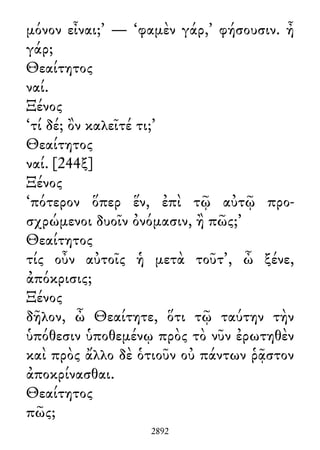 μόνον εἶναι;’ — ‘φαμὲν γάρ,’ φήσουσιν. ἦ
γάρ;
Θεαίτητος
ναί.
Ξένος
‘τί δέ; ὂν καλεῖτέ τι;’
Θεαίτητος
ναί. [244ξ]
Ξένος
‘πότερον ὅπερ ἕν, ἐπὶ τῷ αὐτῷ προ-
σχρώμενοι δυοῖν ὀνόμασιν, ἢ πῶς;’
Θεαίτητος
τίς οὖν αὐτοῖς ἡ μετὰ τοῦτ᾽, ὦ ξένε,
ἀπόκρισις;
Ξένος
δῆλον, ὦ Θεαίτητε, ὅτι τῷ ταύτην τὴν
ὑπόθεσιν ὑποθεμένῳ πρὸς τὸ νῦν ἐρωτηθὲν
καὶ πρὸς ἄλλο δὲ ὁτιοῦν οὐ πάντων ῥᾷστον
ἀποκρίνασθαι.
Θεαίτητος
πῶς;
2892
 