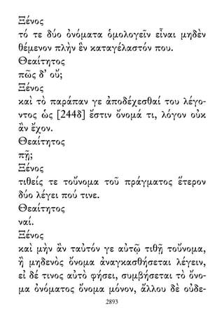 Ξένος
τό τε δύο ὀνόματα ὁμολογεῖν εἶναι μηδὲν
θέμενον πλὴν ἓν καταγέλαστόν που.
Θεαίτητος
πῶς δ᾽ οὔ;
Ξένος
καὶ τὸ παράπαν γε ἀποδέχεσθαί του λέγο-
ντος ὡς [244δ] ἔστιν ὄνομά τι, λόγον οὐκ
ἂν ἔχον.
Θεαίτητος
πῇ;
Ξένος
τιθείς τε τοὔνομα τοῦ πράγματος ἕτερον
δύο λέγει πού τινε.
Θεαίτητος
ναί.
Ξένος
καὶ μὴν ἂν ταὐτόν γε αὐτῷ τιθῇ τοὔνομα,
ἢ μηδενὸς ὄνομα ἀναγκασθήσεται λέγειν,
εἰ δέ τινος αὐτὸ φήσει, συμβήσεται τὸ ὄνο-
μα ὀνόματος ὄνομα μόνον, ἄλλου δὲ οὐδε-
2893
 