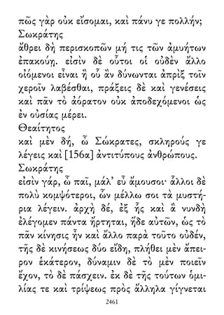 πῶς γὰρ οὐκ εἴσομαι, καὶ πάνυ γε πολλήν;
Σωκράτης
ἄθρει δὴ περισκοπῶν μή τις τῶν ἀμυήτων
ἐπακούῃ. εἰσὶν δὲ οὗτοι οἱ οὐδὲν ἄλλο
οἰόμενοι εἶναι ἢ οὗ ἂν δύνωνται ἀπρὶξ τοῖν
χεροῖν λαβέσθαι, πράξεις δὲ καὶ γενέσεις
καὶ πᾶν τὸ ἀόρατον οὐκ ἀποδεχόμενοι ὡς
ἐν οὐσίας μέρει.
Θεαίτητος
καὶ μὲν δή, ὦ Σώκρατες, σκληρούς γε
λέγεις καὶ [156α] ἀντιτύπους ἀνθρώπους.
Σωκράτης
εἰσὶν γάρ, ὦ παῖ, μάλ᾽ εὖ ἄμουσοι· ἇλλοι δὲ
πολὺ κομψότεροι, ὧν μέλλω σοι τὰ μυστή-
ρια λέγειν. ἀρχὴ δέ, ἐξ ἧς καὶ ἃ νυνδὴ
ἐλέγομεν πάντα ἤρτηται, ἥδε αὐτῶν, ὡς τὸ
πᾶν κίνησις ἦν καὶ ἄλλο παρὰ τοῦτο οὐδέν,
τῆς δὲ κινήσεως δύο εἴδη, πλήθει μὲν ἄπει-
ρον ἑκάτερον, δύναμιν δὲ τὸ μὲν ποιεῖν
ἔχον, τὸ δὲ πάσχειν. ἐκ δὲ τῆς τούτων ὁμι-
λίας τε καὶ τρίψεως πρὸς ἄλληλα γίγνεται
2461
 
