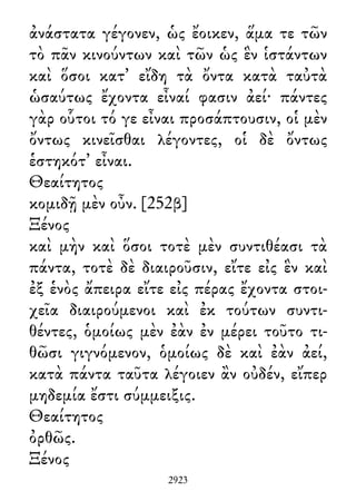 ἀνάστατα γέγονεν, ὡς ἔοικεν, ἅμα τε τῶν
τὸ πᾶν κινούντων καὶ τῶν ὡς ἓν ἱστάντων
καὶ ὅσοι κατ᾽ εἴδη τὰ ὄντα κατὰ ταὐτὰ
ὡσαύτως ἔχοντα εἶναί φασιν ἀεί· πάντες
γὰρ οὗτοι τό γε εἶναι προσάπτουσιν, οἱ μὲν
ὄντως κινεῖσθαι λέγοντες, οἱ δὲ ὄντως
ἑστηκότ᾽ εἶναι.
Θεαίτητος
κομιδῇ μὲν οὖν. [252β]
Ξένος
καὶ μὴν καὶ ὅσοι τοτὲ μὲν συντιθέασι τὰ
πάντα, τοτὲ δὲ διαιροῦσιν, εἴτε εἰς ἓν καὶ
ἐξ ἑνὸς ἄπειρα εἴτε εἰς πέρας ἔχοντα στοι-
χεῖα διαιρούμενοι καὶ ἐκ τούτων συντι-
θέντες, ὁμοίως μὲν ἐὰν ἐν μέρει τοῦτο τι-
θῶσι γιγνόμενον, ὁμοίως δὲ καὶ ἐὰν ἀεί,
κατὰ πάντα ταῦτα λέγοιεν ἂν οὐδέν, εἴπερ
μηδεμία ἔστι σύμμειξις.
Θεαίτητος
ὀρθῶς.
Ξένος
2923
 