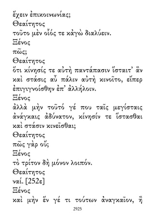 ἔχειν ἐπικοινωνίας;
Θεαίτητος
τοῦτο μὲν οἷός τε κἀγὼ διαλύειν.
Ξένος
πῶς;
Θεαίτητος
ὅτι κίνησίς τε αὐτὴ παντάπασιν ἵσταιτ᾽ ἂν
καὶ στάσις αὖ πάλιν αὐτὴ κινοῖτο, εἴπερ
ἐπιγιγνοίσθην ἐπ᾽ ἀλλήλοιν.
Ξένος
ἀλλὰ μὴν τοῦτό γέ που ταῖς μεγίσταις
ἀνάγκαις ἀδύνατον, κίνησίν τε ἵστασθαι
καὶ στάσιν κινεῖσθαι;
Θεαίτητος
πῶς γὰρ οὔ;
Ξένος
τὸ τρίτον δὴ μόνον λοιπόν.
Θεαίτητος
ναί. [252ε]
Ξένος
καὶ μὴν ἕν γέ τι τούτων ἀναγκαῖον, ἢ
2925
 