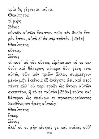 τρία δὴ γίγνεται ταῦτα.
Θεαίτητος
τί μήν;
Ξένος
οὐκοῦν αὐτῶν ἕκαστον τοῖν μὲν δυοῖν ἕτε-
ρόν ἐστιν, αὐτὸ δ᾽ ἑαυτῷ ταὐτόν. [254ε]
Θεαίτητος
οὕτως.
Ξένος
τί ποτ᾽ αὖ νῦν οὕτως εἰρήκαμεν τό τε τα-
ὐτὸν καὶ θάτερον; πότερα δύο γένη τινὲ
αὐτώ, τῶν μὲν τριῶν ἄλλω, συμμειγνυ-
μένω μὴν ἐκείνοις ἐξ ἀνάγκης ἀεί, καὶ περὶ
πέντε ἀλλ᾽ οὐ περὶ τριῶν ὡς ὄντων αὐτῶν
σκεπτέον, ἢ τό τε ταὐτὸν [255α] τοῦτο καὶ
θάτερον ὡς ἐκείνων τι προσαγορεύοντες
λανθάνομεν ἡμᾶς αὐτούς;
Θεαίτητος
ἴσως.
Ξένος
ἀλλ᾽ οὔ τι μὴν κίνησίς γε καὶ στάσις οὔθ᾽
2934
 