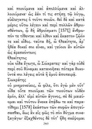καὶ ποιούμενα καὶ ἀπολλύμενα καὶ ἀλ-
λοιούμενα· ὡς ἐάν τί τις στήσῃ τῷ λόγῳ,
εὐέλεγκτος ὁ τοῦτο ποιῶν. δεῖ δὲ καὶ κατὰ
μέρος οὕτω λέγειν καὶ περὶ πολλῶν ἁθροι-
σθέντων, ᾧ δὴ ἁθροίσματι [157ξ] ἄνθρω-
πόν τε τίθενται καὶ λίθον καὶ ἕκαστον ζῷόν
τε καὶ εἶδος. ταῦτα δή, ὦ Θεαίτητε, ἆρ᾽
ἡδέα δοκεῖ σοι εἶναι, καὶ γεύοιο ἂν αὐτῶν
ὡς ἀρεσκόντων;
Θεαίτητος
οὐκ οἶδα ἔγωγε, ὦ Σώκρατες· καὶ γὰρ οὐδὲ
περὶ σοῦ δύναμαι κατανοῆσαι πότερα δοκο-
ῦντά σοι λέγεις αὐτὰ ἢ ἐμοῦ ἀποπειρᾷ.
Σωκράτης
οὐ μνημονεύεις, ὦ φίλε, ὅτι ἐγὼ μὲν οὔτ᾽
οἶδα οὔτε ποιοῦμαι τῶν τοιούτων οὐδὲν
ἐμόν, ἀλλ᾽ εἰμὶ αὐτῶν ἄγονος, σὲ δὲ μαιεύ-
ομαι καὶ τούτου ἕνεκα ἐπᾴδω τε καὶ παρα-
τίθημι [157δ] ἑκάστων τῶν σοφῶν ἀπογεύ-
σασθαι, ἕως ἂν εἰς φῶς τὸ σὸν δόγμα συνε-
ξαγάγω· ἐξαχθέντος δὲ τότ᾽ ἤδη σκέψομαι
2465
 