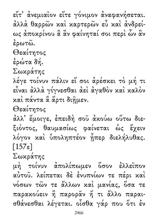 εἴτ᾽ ἀνεμιαῖον εἴτε γόνιμον ἀναφανήσεται.
ἀλλὰ θαρρῶν καὶ καρτερῶν εὖ καὶ ἀνδρεί-
ως ἀποκρίνου ἃ ἂν φαίνηταί σοι περὶ ὧν ἂν
ἐρωτῶ.
Θεαίτητος
ἐρώτα δή.
Σωκράτης
λέγε τοίνυν πάλιν εἴ σοι ἀρέσκει τὸ μή τι
εἶναι ἀλλὰ γίγνεσθαι ἀεὶ ἀγαθὸν καὶ καλὸν
καὶ πάντα ἃ ἄρτι διῇμεν.
Θεαίτητος
ἀλλ᾽ ἔμοιγε, ἐπειδὴ σοῦ ἀκούω οὕτω διε-
ξιόντος, θαυμασίως φαίνεται ὡς ἔχειν
λόγον καὶ ὑποληπτέον ᾗπερ διελήλυθας.
[157ε]
Σωκράτης
μὴ τοίνυν ἀπολίπωμεν ὅσον ἐλλεῖπον
αὐτοῦ. λείπεται δὲ ἐνυπνίων τε πέρι καὶ
νόσων τῶν τε ἄλλων καὶ μανίας, ὅσα τε
παρακούειν ἢ παρορᾶν ἤ τι ἄλλο παραι-
σθάνεσθαι λέγεται. οἶσθα γάρ που ὅτι ἐν
2466
 