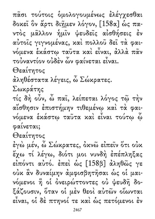 πᾶσι τούτοις ὁμολογουμένως ἐλέγχεσθαι
δοκεῖ ὃν ἄρτι διῇμεν λόγον, [158α] ὡς πα-
ντὸς μᾶλλον ἡμῖν ψευδεῖς αἰσθήσεις ἐν
αὐτοῖς γιγνομένας, καὶ πολλοῦ δεῖ τὰ φαι-
νόμενα ἑκάστῳ ταῦτα καὶ εἶναι, ἀλλὰ πᾶν
τοὐναντίον οὐδὲν ὧν φαίνεται εἶναι.
Θεαίτητος
ἀληθέστατα λέγεις, ὦ Σώκρατες.
Σωκράτης
τίς δὴ οὖν, ὦ παῖ, λείπεται λόγος τῷ τὴν
αἴσθησιν ἐπιστήμην τιθεμένῳ καὶ τὰ φαι-
νόμενα ἑκάστῳ ταῦτα καὶ εἶναι τούτῳ ᾧ
φαίνεται;
Θεαίτητος
ἐγὼ μέν, ὦ Σώκρατες, ὀκνῶ εἰπεῖν ὅτι οὐκ
ἔχω τί λέγω, διότι μοι νυνδὴ ἐπέπληξας
εἰπόντι αὐτό. ἐπεὶ ὡς [158β] ἀληθῶς γε
οὐκ ἂν δυναίμην ἀμφισβητῆσαι ὡς οἱ μαι-
νόμενοι ἢ οἱ ὀνειρώττοντες οὐ ψευδῆ δο-
ξάζουσιν, ὅταν οἱ μὲν θεοὶ αὐτῶν οἴωνται
εἶναι, οἱ δὲ πτηνοί τε καὶ ὡς πετόμενοι ἐν
2467
 