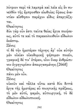 λότριον περὶ τὰ λαμπρὰ καὶ λεῖα εἰς ἓν συ-
νελθὸν τῆς ἔμπροσθεν εἰωθυίας ὄψεως ἐνα-
ντίαν αἴσθησιν παρέχον εἶδος ἀπεργάζη-
ται.
Θεαίτητος
δύο γὰρ οὖν ἐστι ταῦτα θείας ἔργα ποιήσε-
ως, αὐτό τε καὶ τὸ παρακολουθοῦν εἴδωλον
ἑκάστῳ.
Ξένος
τί δὲ τὴν ἡμετέραν τέχνην; ἆρ᾽ οὐκ αὐτὴν
μὲν οἰκίαν οἰκοδομικῇ φήσομεν ποιεῖν,
γραφικῇ δέ τιν᾽ ἑτέραν, οἷον ὄναρ ἀνθρώπι-
νον ἐγρηγορόσιν ἀπειργασμένην; [266δ]
Θεαίτητος
πάνυ μὲν οὖν.
Ξένος
οὐκοῦν καὶ τἆλλα οὕτω κατὰ δύο διττὰ
ἔργα τῆς ἡμετέρας αὖ ποιητικῆς πράξεως,
τὸ μὲν αὐτό, φαμέν, αὐτουργική, τὸ δὲ
εἴδωλον εἰδωλοποιική.
Θεαίτητος
2982
 