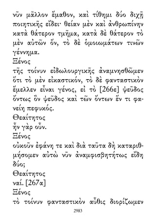 νῦν μᾶλλον ἔμαθον, καὶ τίθημι δύο διχῇ
ποιητικῆς εἴδει· θείαν μὲν καὶ ἀνθρωπίνην
κατὰ θάτερον τμῆμα, κατὰ δὲ θάτερον τὸ
μὲν αὐτῶν ὄν, τὸ δὲ ὁμοιωμάτων τινῶν
γέννημα.
Ξένος
τῆς τοίνυν εἰδωλουργικῆς ἀναμνησθῶμεν
ὅτι τὸ μὲν εἰκαστικόν, τὸ δὲ φανταστικὸν
ἔμελλεν εἶναι γένος, εἰ τὸ [266ε] ψεῦδος
ὄντως ὂν ψεῦδος καὶ τῶν ὄντων ἕν τι φα-
νείη πεφυκός.
Θεαίτητος
ἦν γὰρ οὖν.
Ξένος
οὐκοῦν ἐφάνη τε καὶ διὰ ταῦτα δὴ καταριθ-
μήσομεν αὐτὼ νῦν ἀναμφισβητήτως εἴδη
δύο;
Θεαίτητος
ναί. [267α]
Ξένος
τὸ τοίνυν φανταστικὸν αὖθις διορίζωμεν
2983
 