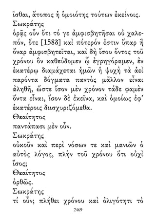 ῖσθαι, ἄτοπος ἡ ὁμοιότης τούτων ἐκείνοις.
Σωκράτης
ὁρᾷς οὖν ὅτι τό γε ἀμφισβητῆσαι οὐ χαλε-
πόν, ὅτε [158δ] καὶ πότερόν ἐστιν ὕπαρ ἢ
ὄναρ ἀμφισβητεῖται, καὶ δὴ ἴσου ὄντος τοῦ
χρόνου ὃν καθεύδομεν ᾧ ἐγρηγόραμεν, ἐν
ἑκατέρῳ διαμάχεται ἡμῶν ἡ ψυχὴ τὰ ἀεὶ
παρόντα δόγματα παντὸς μᾶλλον εἶναι
ἀληθῆ, ὥστε ἴσον μὲν χρόνον τάδε φαμὲν
ὄντα εἶναι, ἴσον δὲ ἐκεῖνα, καὶ ὁμοίως ἐφ᾽
ἑκατέροις διισχυριζόμεθα.
Θεαίτητος
παντάπασι μὲν οὖν.
Σωκράτης
οὐκοῦν καὶ περὶ νόσων τε καὶ μανιῶν ὁ
αὐτὸς λόγος, πλὴν τοῦ χρόνου ὅτι οὐχὶ
ἴσος;
Θεαίτητος
ὀρθῶς.
Σωκράτης
τί οὖν; πλήθει χρόνου καὶ ὀλιγότητι τὸ
2469
 