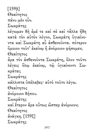 [159β]
Θεαίτητος
πάνυ μὲν οὖν.
Σωκράτης
λέγωμεν δὴ ἐμέ τε καὶ σὲ καὶ τἆλλα ἤδη
κατὰ τὸν αὐτὸν λόγον, Σωκράτη ὑγιαίνο-
ντα καὶ Σωκράτη αὖ ἀσθενοῦντα. πότερον
ὅμοιον τοῦτ᾽ ἐκείνῳ ἢ ἀνόμοιον φήσομεν;
Θεαίτητος
ἆρα τὸν ἀσθενοῦντα Σωκράτη, ὅλον τοῦτο
λέγεις ὅλῳ ἐκείνῳ, τῷ ὑγιαίνοντι Σω-
κράτει;
Σωκράτης
κάλλιστα ὑπέλαβες· αὐτὸ τοῦτο λέγω.
Θεαίτητος
ἀνόμοιον δήπου.
Σωκράτης
καὶ ἕτερον ἄρα οὕτως ὥσπερ ἀνόμοιον;
Θεαίτητος
ἀνάγκη. [159ξ]
Σωκράτης
2472
 