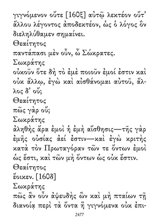 γιγνόμενον οὔτε [160ξ] αὐτῷ λεκτέον οὔτ᾽
ἄλλου λέγοντος ἀποδεκτέον, ὡς ὁ λόγος ὃν
διεληλύθαμεν σημαίνει.
Θεαίτητος
παντάπασι μὲν οὖν, ὦ Σώκρατες.
Σωκράτης
οὐκοῦν ὅτε δὴ τὸ ἐμὲ ποιοῦν ἐμοί ἐστιν καὶ
οὐκ ἄλλῳ, ἐγὼ καὶ αἰσθάνομαι αὐτοῦ, ἄλ-
λος δ᾽ οὔ;
Θεαίτητος
πῶς γὰρ οὔ;
Σωκράτης
ἀληθὴς ἄρα ἐμοὶ ἡ ἐμὴ αἴσθησις—τῆς γὰρ
ἐμῆς οὐσίας ἀεί ἐστιν—καὶ ἐγὼ κριτὴς
κατὰ τὸν Πρωταγόραν τῶν τε ὄντων ἐμοὶ
ὡς ἔστι, καὶ τῶν μὴ ὄντων ὡς οὐκ ἔστιν.
Θεαίτητος
ἔοικεν. [160δ]
Σωκράτης
πῶς ἂν οὖν ἀψευδὴς ὢν καὶ μὴ πταίων τῇ
διανοίᾳ περὶ τὰ ὄντα ἢ γιγνόμενα οὐκ ἐπι-
2477
 