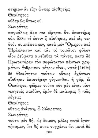στήμων ἂν εἴην ὧνπερ αἰσθητής;
Θεαίτητος
οὐδαμῶς ὅπως οὔ.
Σωκράτης
παγκάλως ἄρα σοι εἴρηται ὅτι ἐπιστήμη
οὐκ ἄλλο τί ἐστιν ἢ αἴσθησις, καὶ εἰς τα-
ὐτὸν συμπέπτωκεν, κατὰ μὲν Ὅμηρον καὶ
Ἡράκλειτον καὶ πᾶν τὸ τοιοῦτον φῦλον
οἷον ῥεύματα κινεῖσθαι τὰ πάντα, κατὰ δὲ
Πρωταγόραν τὸν σοφώτατον πάντων χρη-
μάτων ἄνθρωπον μέτρον εἶναι, κατὰ [160ε]
δὲ Θεαίτητον τούτων οὕτως ἐχόντων
αἴσθησιν ἐπιστήμην γίγνεσθαι. ἦ γάρ, ὦ
Θεαίτητε; φῶμεν τοῦτο σὸν μὲν εἶναι οἷον
νεογενὲς παιδίον, ἐμὸν δὲ μαίευμα; ἢ πῶς
λέγεις;
Θεαίτητος
οὕτως ἀνάγκη, ὦ Σώκρατες.
Σωκράτης
τοῦτο μὲν δή, ὡς ἔοικεν, μόλις ποτὲ ἐγεν-
νήσαμεν, ὅτι δή ποτε τυγχάνει ὄν. μετὰ δὲ
2478
 