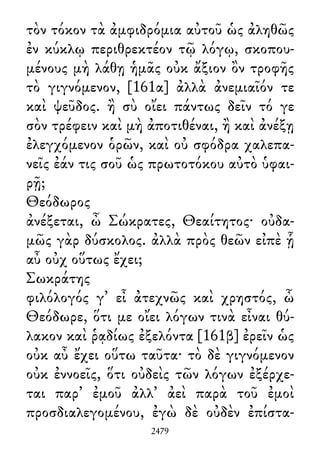 τὸν τόκον τὰ ἀμφιδρόμια αὐτοῦ ὡς ἀληθῶς
ἐν κύκλῳ περιθρεκτέον τῷ λόγῳ, σκοπου-
μένους μὴ λάθῃ ἡμᾶς οὐκ ἄξιον ὂν τροφῆς
τὸ γιγνόμενον, [161α] ἀλλὰ ἀνεμιαῖόν τε
καὶ ψεῦδος. ἢ σὺ οἴει πάντως δεῖν τό γε
σὸν τρέφειν καὶ μὴ ἀποτιθέναι, ἢ καὶ ἀνέξῃ
ἐλεγχόμενον ὁρῶν, καὶ οὐ σφόδρα χαλεπα-
νεῖς ἐάν τις σοῦ ὡς πρωτοτόκου αὐτὸ ὑφαι-
ρῇ;
Θεόδωρος
ἀνέξεται, ὦ Σώκρατες, Θεαίτητος· οὐδα-
μῶς γὰρ δύσκολος. ἀλλὰ πρὸς θεῶν εἰπὲ ᾗ
αὖ οὐχ οὕτως ἔχει;
Σωκράτης
φιλόλογός γ᾽ εἶ ἀτεχνῶς καὶ χρηστός, ὦ
Θεόδωρε, ὅτι με οἴει λόγων τινὰ εἶναι θύ-
λακον καὶ ῥᾳδίως ἐξελόντα [161β] ἐρεῖν ὡς
οὐκ αὖ ἔχει οὕτω ταῦτα· τὸ δὲ γιγνόμενον
οὐκ ἐννοεῖς, ὅτι οὐδεὶς τῶν λόγων ἐξέρχε-
ται παρ᾽ ἐμοῦ ἀλλ᾽ ἀεὶ παρὰ τοῦ ἐμοὶ
προσδιαλεγομένου, ἐγὼ δὲ οὐδὲν ἐπίστα-
2479
 
