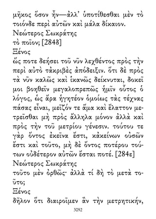 μῆκος ὅσον ἦν—ἀλλ᾽ ὑποτίθεσθαι μὲν τὸ
τοιόνδε περὶ αὐτῶν καὶ μάλα δίκαιον.
Νεώτερος Σωκράτης
τὸ ποῖον; [284δ]
Ξένος
ὥς ποτε δεήσει τοῦ νῦν λεχθέντος πρὸς τὴν
περὶ αὐτὸ τἀκριβὲς ἀπόδειξιν. ὅτι δὲ πρὸς
τὰ νῦν καλῶς καὶ ἱκανῶς δείκνυται, δοκεῖ
μοι βοηθεῖν μεγαλοπρεπῶς ἡμῖν οὗτος ὁ
λόγος, ὡς ἄρα ἡγητέον ὁμοίως τὰς τέχνας
πάσας εἶναι, μεῖζόν τε ἅμα καὶ ἔλαττον με-
τρεῖσθαι μὴ πρὸς ἄλληλα μόνον ἀλλὰ καὶ
πρὸς τὴν τοῦ μετρίου γένεσιν. τούτου τε
γὰρ ὄντος ἐκεῖνα ἔστι, κἀκείνων οὐσῶν
ἔστι καὶ τοῦτο, μὴ δὲ ὄντος ποτέρου τού-
των οὐδέτερον αὐτῶν ἔσται ποτέ. [284ε]
Νεώτερος Σωκράτης
τοῦτο μὲν ὀρθῶς· ἀλλὰ τί δὴ τὸ μετὰ το-
ῦτο;
Ξένος
δῆλον ὅτι διαιροῖμεν ἂν τὴν μετρητικήν,
3092
 