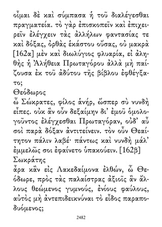 οἶμαι δὲ καὶ σύμπασα ἡ τοῦ διαλέγεσθαι
πραγματεία. τὸ γὰρ ἐπισκοπεῖν καὶ ἐπιχει-
ρεῖν ἐλέγχειν τὰς ἀλλήλων φαντασίας τε
καὶ δόξας, ὀρθὰς ἑκάστου οὔσας, οὐ μακρὰ
[162α] μὲν καὶ διωλύγιος φλυαρία, εἰ ἀλη-
θὴς ἡ Ἀλήθεια Πρωταγόρου ἀλλὰ μὴ παί-
ζουσα ἐκ τοῦ ἀδύτου τῆς βίβλου ἐφθέγξα-
το;
Θεόδωρος
ὦ Σώκρατες, φίλος ἁνήρ, ὥσπερ σὺ νυνδὴ
εἶπες. οὐκ ἂν οὖν δεξαίμην δι᾽ ἐμοῦ ὁμολο-
γοῦντος ἐλέγχεσθαι Πρωταγόραν, οὐδ᾽ αὖ
σοὶ παρὰ δόξαν ἀντιτείνειν. τὸν οὖν Θεαί-
τητον πάλιν λαβέ· πάντως καὶ νυνδὴ μάλ᾽
ἐμμελῶς σοι ἐφαίνετο ὑπακούειν. [162β]
Σωκράτης
ἆρα κἂν εἰς Λακεδαίμονα ἐλθών, ὦ Θε-
όδωρε, πρὸς τὰς παλαίστρας ἀξιοῖς ἂν ἄλ-
λους θεώμενος γυμνούς, ἐνίους φαύλους,
αὐτὸς μὴ ἀντεπιδεικνύναι τὸ εἶδος παραπο-
δυόμενος;
2482
 