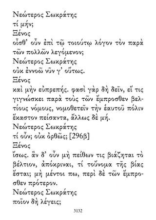 Νεώτερος Σωκράτης
τί μήν;
Ξένος
οἶσθ᾽ οὖν ἐπὶ τῷ τοιούτῳ λόγον τὸν παρὰ
τῶν πολλῶν λεγόμενον;
Νεώτερος Σωκράτης
οὐκ ἐννοῶ νῦν γ᾽ οὕτως.
Ξένος
καὶ μὴν εὐπρεπής. φασὶ γὰρ δὴ δεῖν, εἴ τις
γιγνώσκει παρὰ τοὺς τῶν ἔμπροσθεν βελ-
τίους νόμους, νομοθετεῖν τὴν ἑαυτοῦ πόλιν
ἕκαστον πείσαντα, ἄλλως δὲ μή.
Νεώτερος Σωκράτης
τί οὖν; οὐκ ὀρθῶς; [296β]
Ξένος
ἴσως. ἂν δ᾽ οὖν μὴ πείθων τις βιάζηται τὸ
βέλτιον, ἀπόκριναι, τί τοὔνομα τῆς βίας
ἔσται; μὴ μέντοι πω, περὶ δὲ τῶν ἔμπρο-
σθεν πρότερον.
Νεώτερος Σωκράτης
ποῖον δὴ λέγεις;
3132
 