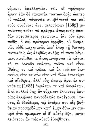νόμενοι ἀπαλλαγῶσι τῶν οἳ πρότερον
ἦσαν· ἐὰν δὲ τἀναντία τούτων δρᾷς ὥσπερ
οἱ πολλοί, τἀναντία συμβήσεταί σοι καὶ
τοὺς συνόντας ἀντὶ φιλοσόφων [168β] μι-
σοῦντας τοῦτο τὸ πρᾶγμα ἀποφανεῖς ἐπει-
δὰν πρεσβύτεροι γένωνται. ἐὰν οὖν ἐμοὶ
πείθῃ, ὃ καὶ πρότερον ἐρρήθη, οὐ δυσμε-
νῶς οὐδὲ μαχητικῶς ἀλλ᾽ ἵλεῳ τῇ διανοίᾳ
συγκαθεὶς ὡς ἀληθῶς σκέψῃ τί ποτε λέγο-
μεν, κινεῖσθαί τε ἀποφαινόμενοι τὰ πάντα,
τό τε δοκοῦν ἑκάστῳ τοῦτο καὶ εἶναι
ἰδιώτῃ τε καὶ πόλει. καὶ ἐκ τούτων ἐπι-
σκέψῃ εἴτε ταὐτὸν εἴτε καὶ ἄλλο ἐπιστήμη
καὶ αἴσθησις, ἀλλ᾽ οὐχ ὥσπερ ἄρτι ἐκ συ-
νηθείας [168ξ] ῥημάτων τε καὶ ὀνομάτων,
ἃ οἱ πολλοὶ ὅπῃ ἂν τύχωσιν ἕλκοντες ἀπο-
ρίας ἀλλήλοις παντοδαπὰς παρέχουσι.’ τα-
ῦτα, ὦ Θεόδωρε, τῷ ἑταίρῳ σου εἰς βοή-
θειαν προσηρξάμην κατ᾽ ἐμὴν δύναμιν σμι-
κρὰ ἀπὸ σμικρῶν· εἰ δ᾽ αὐτὸς ἔζη, μεγα-
λειότερον ἂν τοῖς αὑτοῦ ἐβοήθησεν.
2502
 