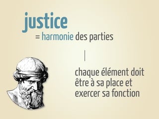 justice
 = harmonie des parties


            chaque élément doit
            être à sa place et
            exercer sa fonction
 