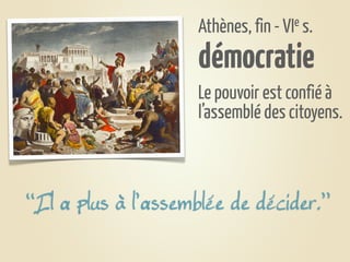 Athènes, fin - VIe s.


                      démocratie
                      Le pouvoir est confié à
                      l’assemblé des citoyens.



‘‘Il a plus à l’assemblée de décider.’’
 