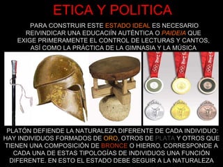 ETICA Y POLITICA PLATÓN DEFIENDE LA NATURALEZA DIFERENTE DE CADA INDIVIDUO: HAY INDIVIDUOS FORMADOS DE   ORO , OTROS DE   PLATA   Y OTROS QUE TIENEN UNA COMPOSICIÓN DE   BRONCE   O HIERRO. CORRESPONDE A CADA UNA DE ESTAS TIPOLOGÍAS DE INDIVIDUOS UNA FUNCIÓN DIFERENTE. EN ESTO EL ESTADO DEBE SEGUIR A LA NATURALEZA PARA CONSTRUIR ESTE  ESTADO IDEAL  ES NECESARIO REIVINDICAR UNA EDUCACIÍN AUTÉNTICA O  PAIDEIA  QUE EXIGE PRIMERAMENTE EL CONTROL DE LECTURAS Y CANTOS, ASÍ COMO LA PRÁCTICA DE LA GIMNASIA Y LA MÚSICA 