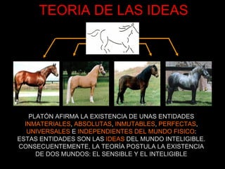 TEORIA DE LAS IDEAS PLATÓN AFIRMA LA EXISTENCIA DE UNAS ENTIDADES INMATERIALES ,  ABSOLUTAS ,  INMUTABLES ,  PERFECTAS , UNIVERSALES  E  INDEPENDIENTES DEL MUNDO FISICO : ESTAS ENTIDADES SON LAS  IDEAS  DEL MUNDO INTELIGIBLE. CONSECUENTEMENTE, LA TEORÍA POSTULA LA EXISTENCIA DE DOS MUNDOS: EL SENSIBLE Y EL INTELIGIBLE 