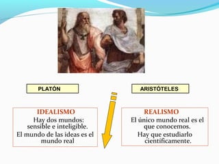 PLATÓN ARISTÓTELES
IDEALISMO
Hay dos mundos:
sensible e inteligible.
El mundo de las ideas es el
mundo real
REALISMO
El único mundo real es el
que conocemos.
Hay que estudiarlo
científicamente.
 