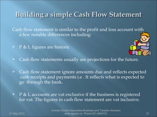 Cash flow statement is similar to the profit and loss account with
    a few notable differences including:

      P & L figures are historic

      Cash flow statements usually are projections for the future.

      Cash flow statement ignore amounts due and reflects expected
       cash receipts and payments i.e . It reflects what is expected to
       go through the bank.

      P & L accounts are vat exclusive if the business is registered
       for vat. The figures in cash flow statement are vat inclusive.

                       Andrew Guerin Associates-Business and Taxation Advisers
21 May 2012                     www.aguerin.ie Phone 021-4840721                 21
 