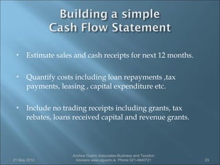     Estimate sales and cash receipts for next 12 months.

     Quantify costs including loan repayments ,tax
      payments, leasing , capital expenditure etc.

     Include no trading receipts including grants, tax
      rebates, loans received capital and revenue grants.




                    Andrew Guerin Associates-Business and Taxation
21 May 2012          Advisers www.aguerin.ie Phone 021-4840721       23
 