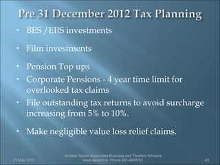     BES /EIIS investments
     Film investments
     Pension Top ups
     Corporate Pensions - 4 year time limit for
      overlooked tax claims
     File outstanding tax returns to avoid surcharge
      increasing from 5% to 10%.
     Make negligible value loss relief claims.

                Andrew Guerin Associates-Business and Taxation Advisers
21 May 2012              www.aguerin.ie Phone 021-4840721                 43
 
