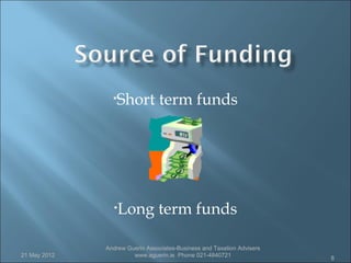 •Short          term funds




                •Long           term funds

              Andrew Guerin Associates-Business and Taxation Advisers
21 May 2012            www.aguerin.ie Phone 021-4840721                 8
 