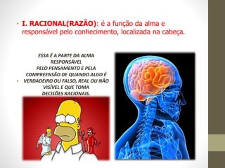 • I. RACIONAL(RAZÃO): é a função da alma e
responsável pelo conhecimento, localizada na cabeça.
•
ESSA É A PARTE DA ALMA
RESPONSÁVEL
PELO PENSAMENTO E PELA
COMPREENSÃO DE QUANDO ALGO É
VERDADEIRO OU FALSO, REAL OU NÃO
VISÍVEL E QUE TOMA
DECISÕES RACIONAIS.
 