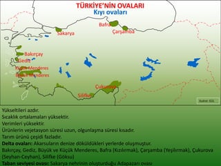TÜRKİYE’NİN OVALARI
Yükseltileri azdır.
Sıcaklık ortalamaları yüksektir.
Verimleri yüksektir.
Ürünlerin vejetasyon süresi uzun, olgunlaşma süresi kısadır.
Tarım ürünü çeşidi fazladır.
Delta ovaları: Akarsuların denize döküldükleri yerlerde oluşmuştur.
Bakırçay, Gediz, Büyük ve Küçük Menderes, Bafra (Kızılırmak), Çarşamba (Yeşilırmak), Çukurova
(Seyhan-Ceyhan), Silifke (Göksu)
Taban seviyesi ovası: Sakarya nehrinin oluşturduğu Adapazarı ovası
Kudret GÜL
Çukurova
Silifke
Gediz
Bakırçay
Sakarya
Bafra
Çarşamba
Küçük Menderes
Büyük Menderes
Kıyı ovaları
 