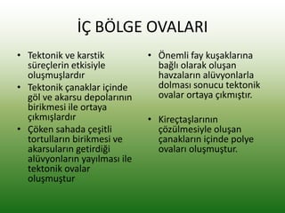 İÇ BÖLGE OVALARI
• Tektonik ve karstik
süreçlerin etkisiyle
oluşmuşlardır
• Tektonik çanaklar içinde
göl ve akarsu depolarının
birikmesi ile ortaya
çıkmışlardır
• Çöken sahada çeşitli
tortulların birikmesi ve
akarsuların getirdiği
alüvyonların yayılması ile
tektonik ovalar
oluşmuştur
• Önemli fay kuşaklarına
bağlı olarak oluşan
havzaların alüvyonlarla
dolması sonucu tektonik
ovalar ortaya çıkmıştır.
• Kireçtaşlarının
çözülmesiyle oluşan
çanakların içinde polye
ovaları oluşmuştur.
 
