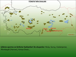 Çökme aşınma ve birikme faaliyetleri ile oluşanlar: Nizip, Suruç, Ceylanpınar,
Altınbaşak (Harran), Konya Ovası…
Kudret GÜL
Ceylanpınar
HarranKonya
Suruç
Nizip
TÜRKİYE’NİN OVALARI
 