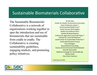 Sustainable	
  Biomaterials	
  Collabora=ve	
  
                                                                  As	
  You	
  Sow	
  	
  
The Sustainable Biomaterials             Center	
  for	
  Health,	
  Environment	
  and	
  Jus=ce	
  	
  	
  
Collaborative is a network of                       Clean	
  Produc=on	
  Ac=on	
  *	
  	
  
                                                 Environmental	
  Health	
  Fund	
  *	
  	
  
organizations working together to                  Green	
  Harvest	
  Technologies	
  	
  
                                                    Health	
  Care	
  Without	
  Harm	
  	
  	
  
spur the introduction and use of                     Healthy	
  Building	
  Network	
  	
  
biomaterials that are sustainable        Ins=tute	
  for	
  Agriculture	
  and	
  Trade	
  Policy	
  *	
  	
  
                                               Ins=tute	
  for	
  Local	
  Self-­‐Reliance*	
  	
  
from cradle to cradle. The               Lowell	
  Center	
  for	
  Sustainable	
  Produc=on	
  *	
  	
  
                                                   Sustainable	
  Research	
  Group	
  
Collaborative is creating                                    Pure	
  Strategies	
  	
  	
  
                                                     RecycleWorld	
  Consul=ng	
  	
  	
  
sustainability guidelines,                Science	
  &	
  Environmental	
  Health	
  Network	
  
engaging markets, and promoting                            Seventh	
  Genera=on	
  
                                           Na=onal	
  Campaign	
  for	
  Sustainable	
  Ag.	
  
policy initiatives.                                           Whole	
  Foods	
  
                                                          City	
  of	
  San	
  Francisco	
  

                                    *	
  Steering	
  commi[ee	
  




                                                                              www.sustainablebiomaterials.org
 