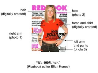 left arm and pants (photo 3) right arm (photo 1) face (photo 2) torso and shirt (digitally created) hair (digitally created) “ It's 100% her.” ( Redbook  editor Ellen Kunes) 