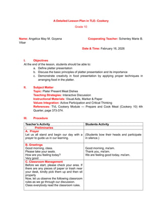 Comprehensive Grade 10 TLE Cookery Lesson Plan on Platter Presentation ...